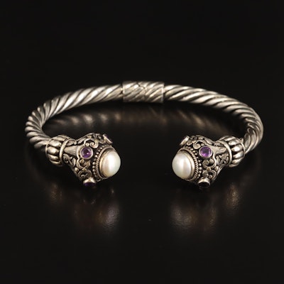 Sterling Pearl and Amethyst Hinged Cable Cuff