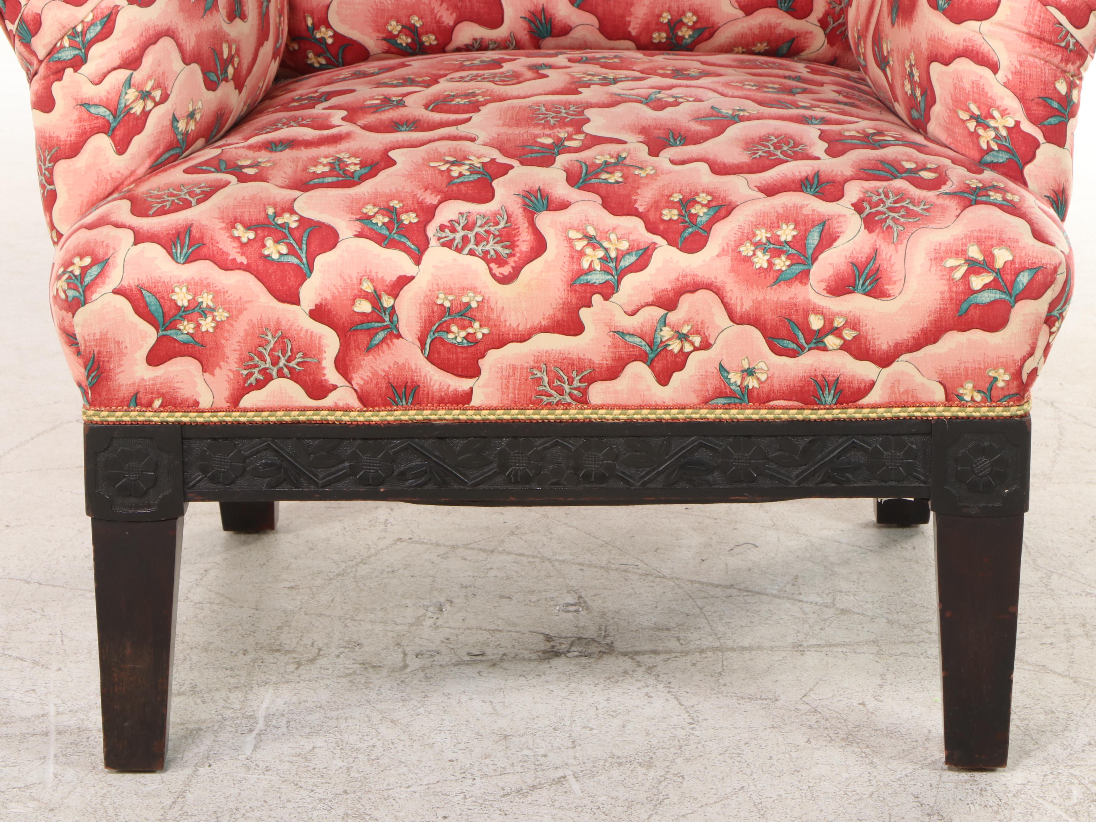 Cincinnati Art Carved Armchair in Printed Cotton, Late 19th Century EBTH