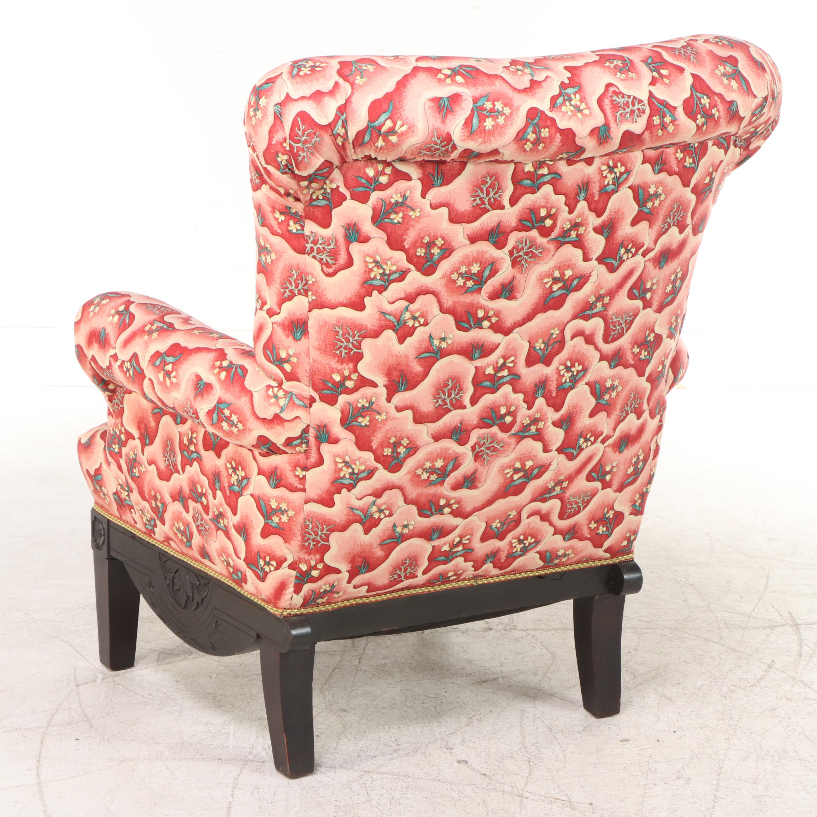 Cincinnati Art Carved Armchair in Printed Cotton, Late 19th Century EBTH