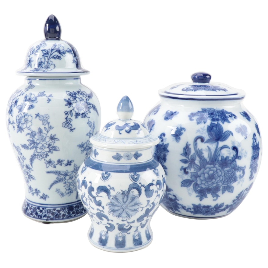 Chinese Blue and White Porcelain Temple and Ginger Jars