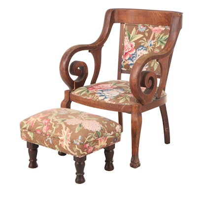 Colonial Revival Oak Armchair with Footstool in Printed Cotton