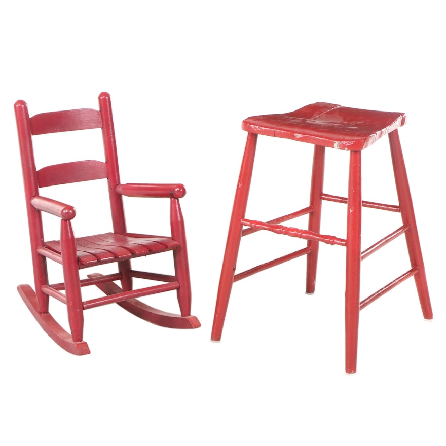 American Primitive Style Red-Painted Child's Rocker Plus Counter Stool