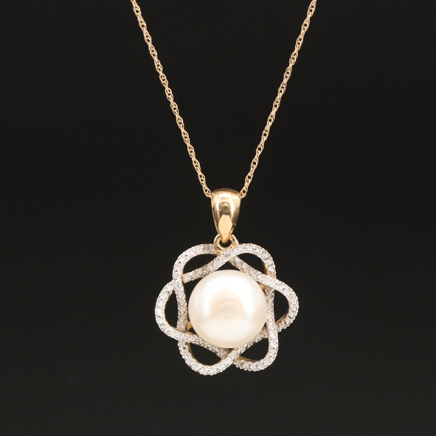10K Pearl and Diamond Pendant Necklace