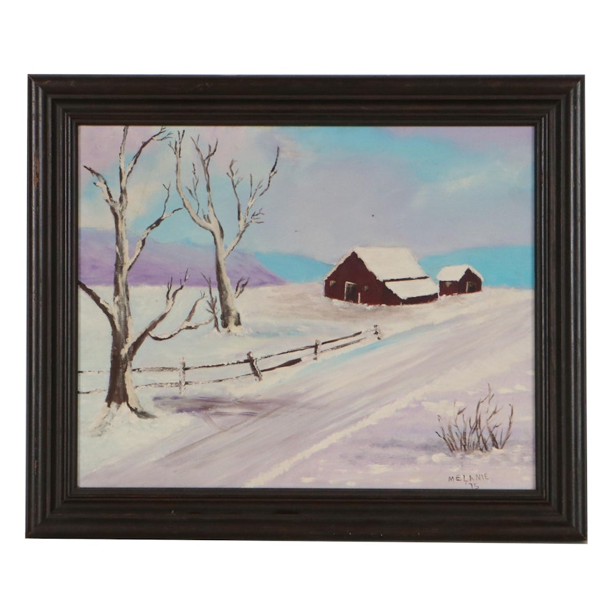 Melanie Oil Painting of Winter Landscape With Barn, 1975