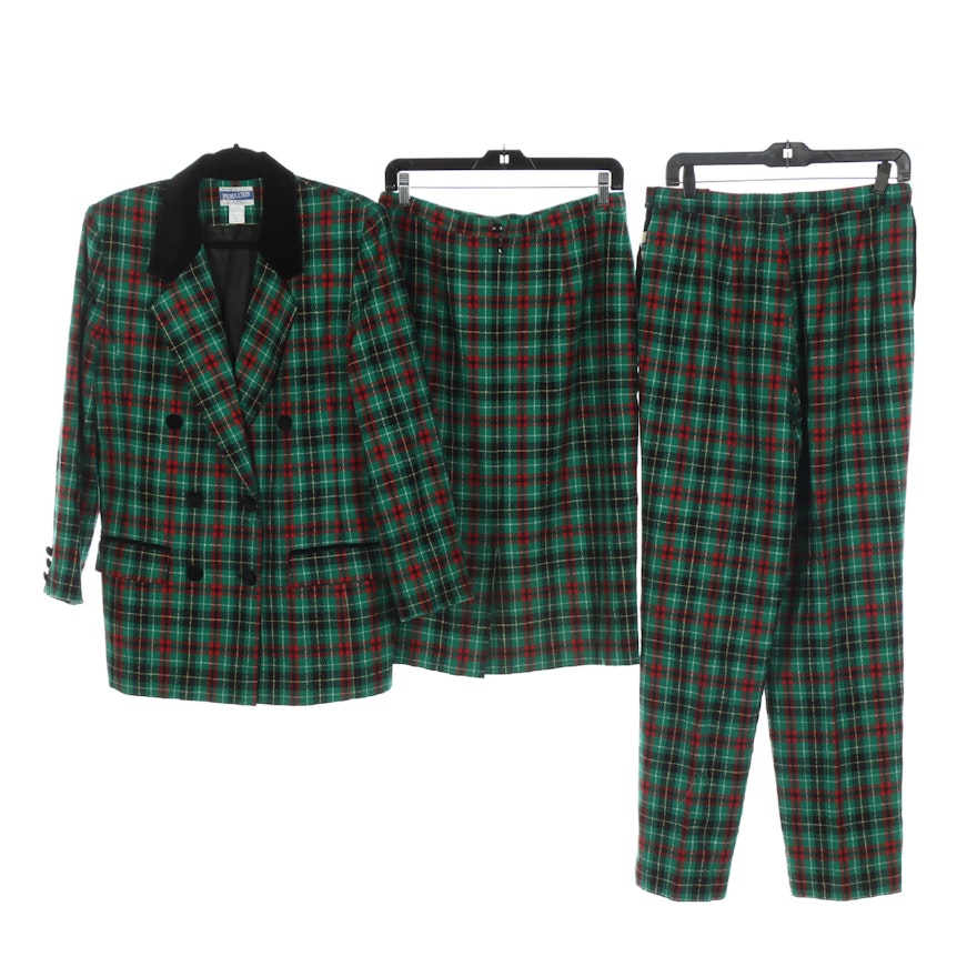 Pendleton Suit Including Jacket, Skirt, and Trousers in Green and Red Wool Plaid