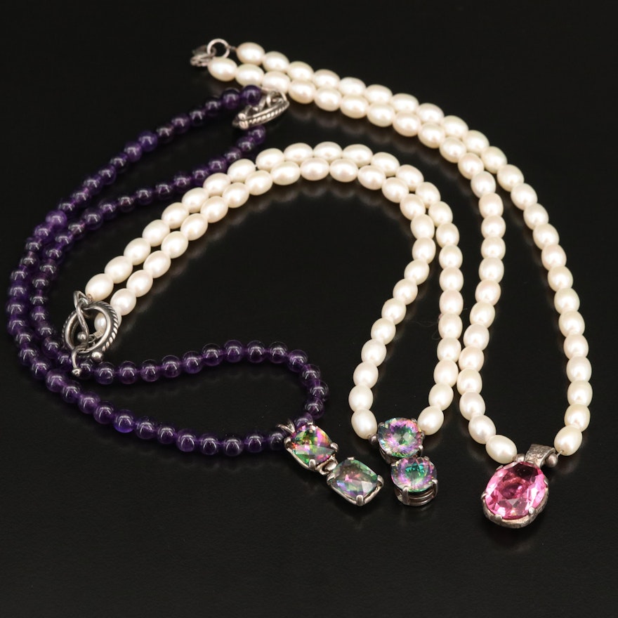 Sterling Necklaces Including Mystic Topaz, Amethyst and Pearl
