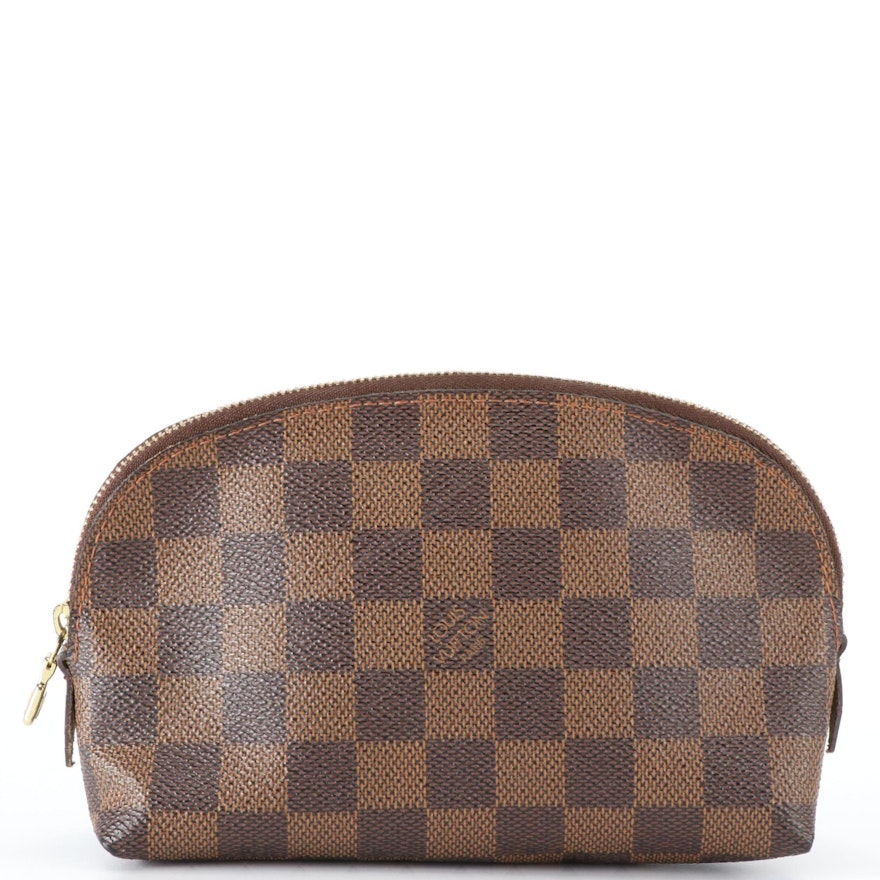 Louis Vuitton Cosmetic Pouch in Damier Ebene Canvas and Brown Leather