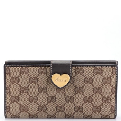 Gucci Heart Charm Continental Wallet in GG Canvas and Dark Brown Leather