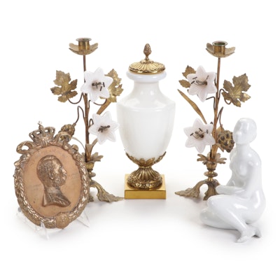 Royal Dux Figurine, Milk Glass Urn, Metal and Glass Candlesticks and More