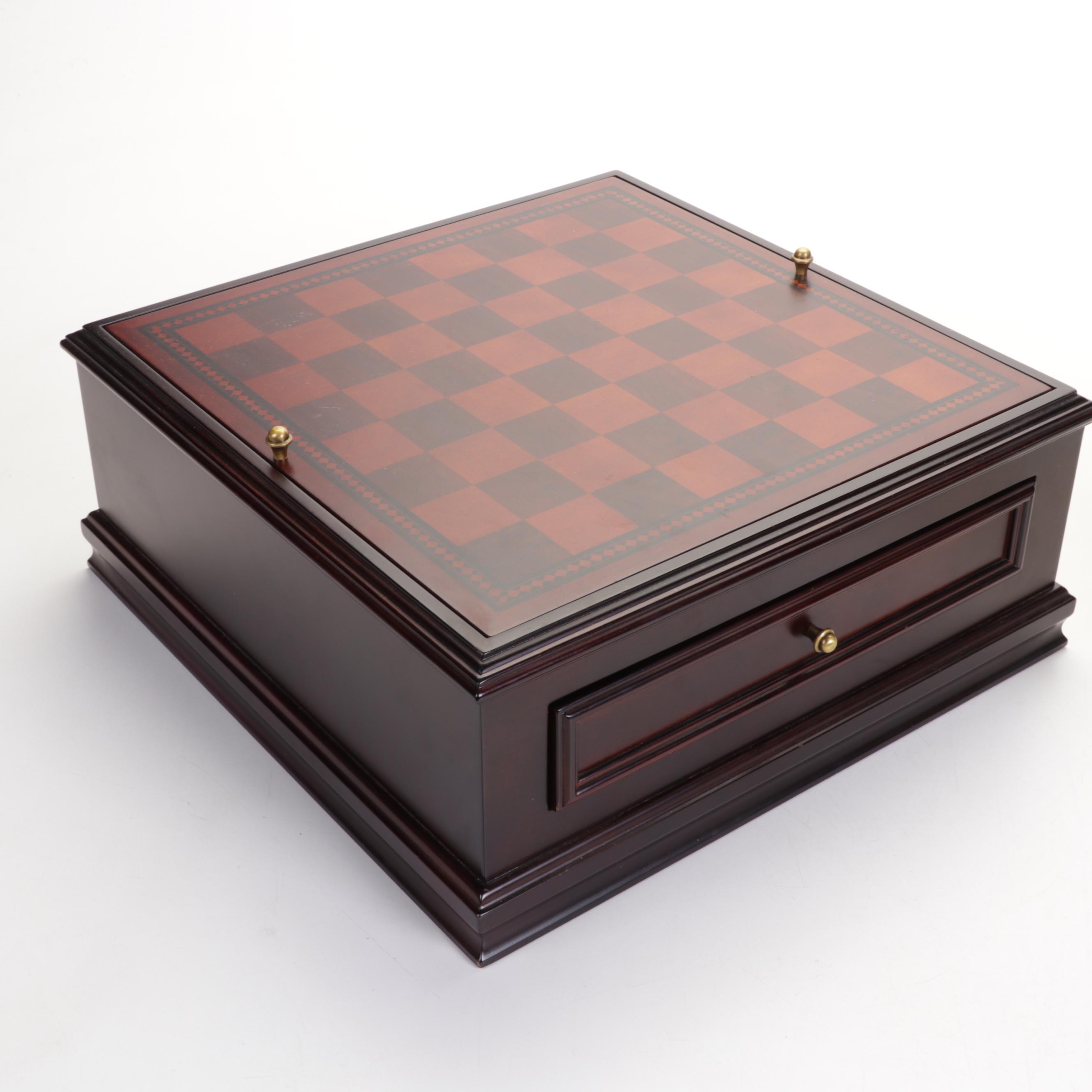 Wooden Game Board Box With Marquetry Clock and Antler Cribbage Board EBTH