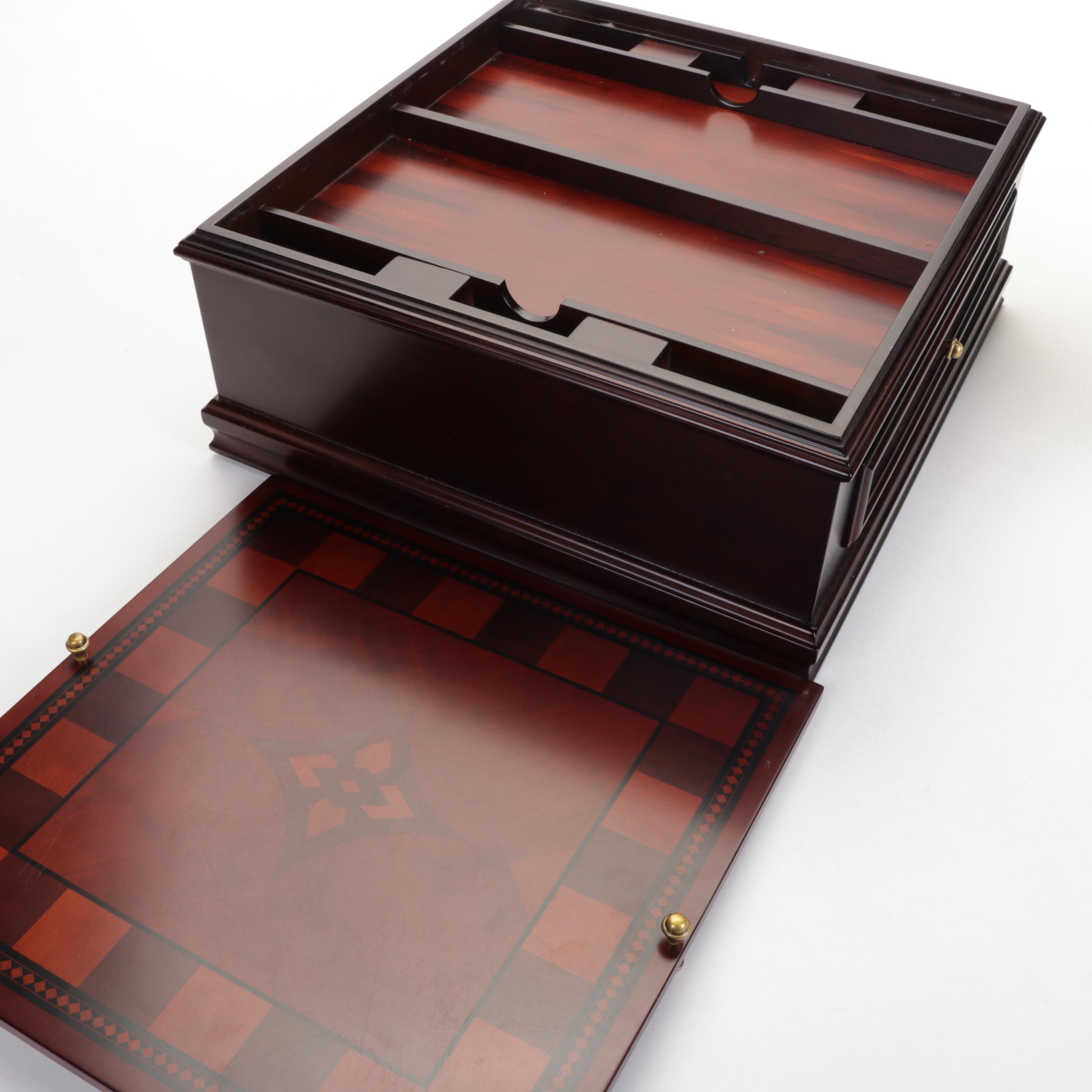 Wooden Game Board Box With Marquetry Clock and Antler Cribbage Board EBTH