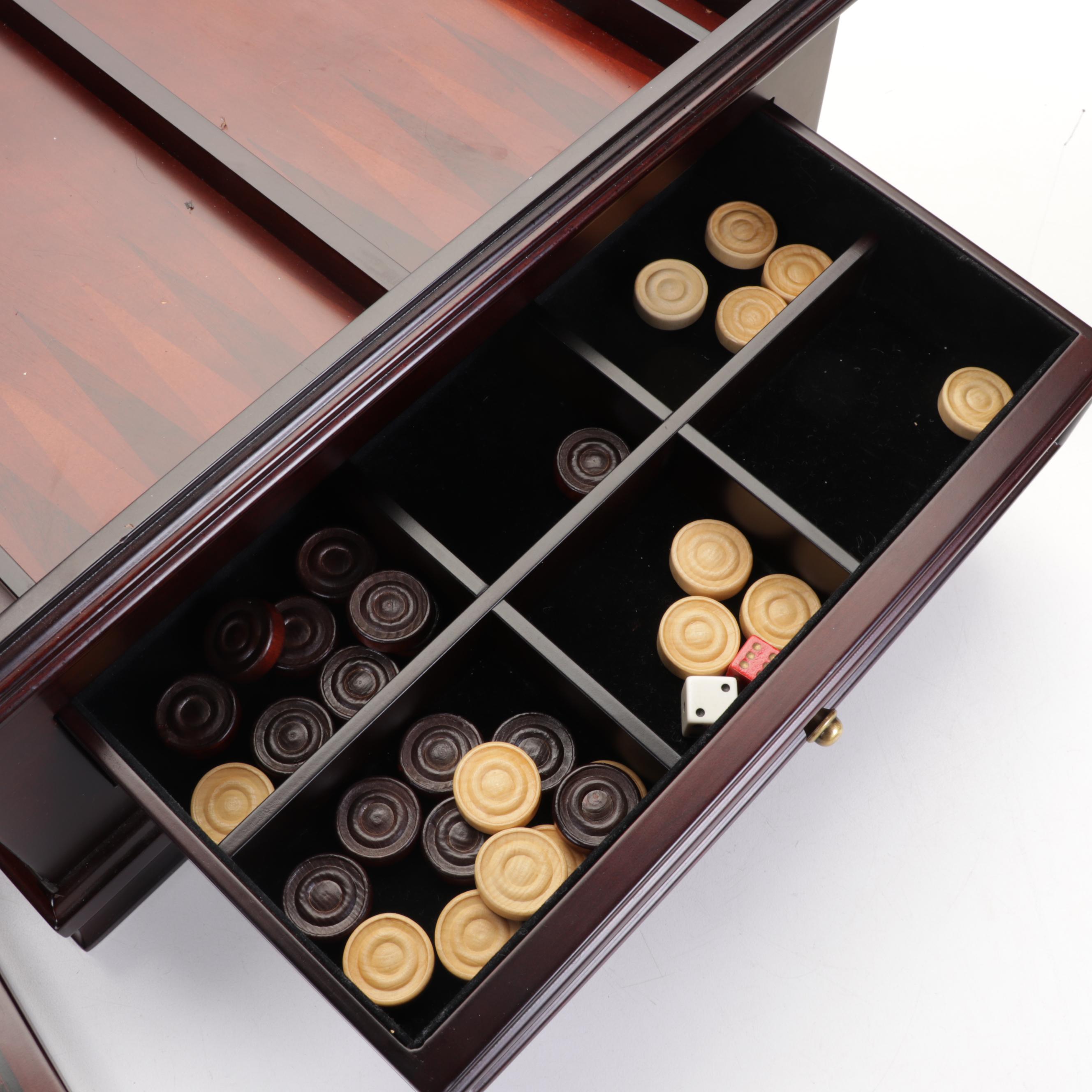 Wooden Game Board Box With Marquetry Clock and Antler Cribbage Board EBTH