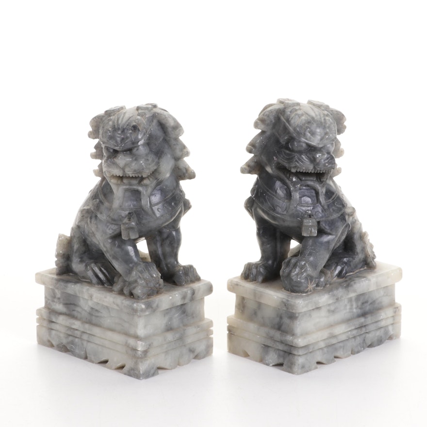 Pair of Chinese Carved Soapstone Guardian Lions