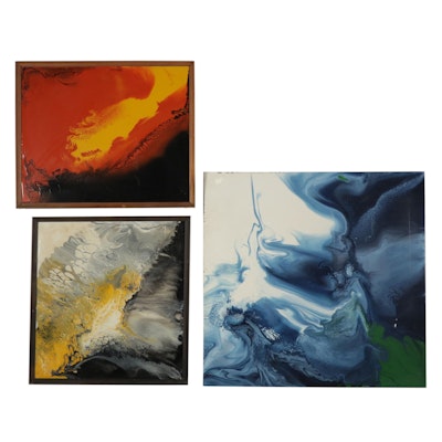 Abstract Acrylic Pour Paintings on Aluminum, Late 20th Century