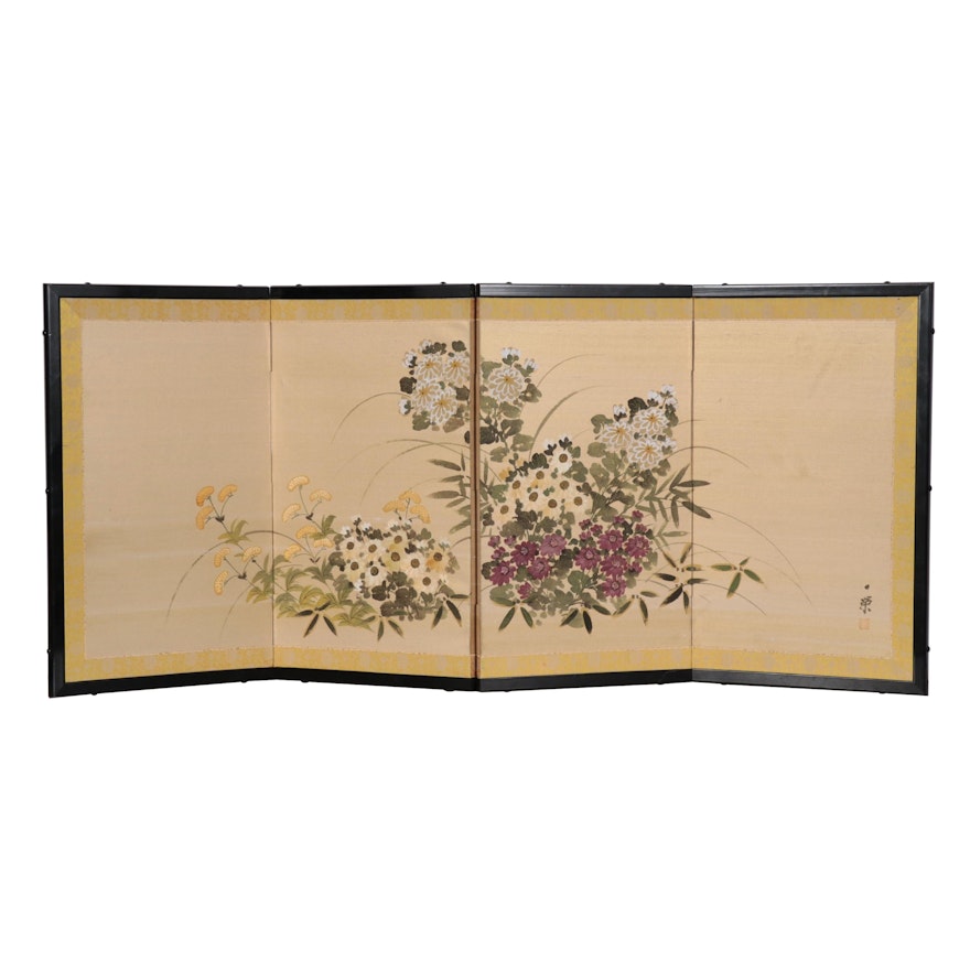 East Asian Floral Gouache Painting Divider Panel