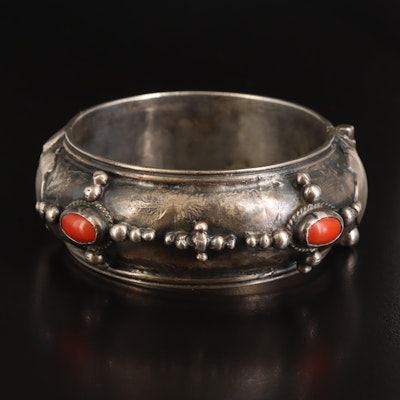 Moroccan 800 Silver Coral Hinged Bangle with Sterling Accents