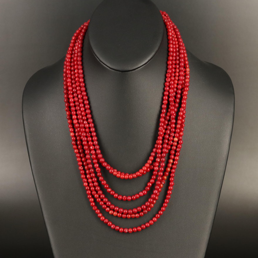 Coral Beaded Multi-Strand Necklace with Sterling Clasp