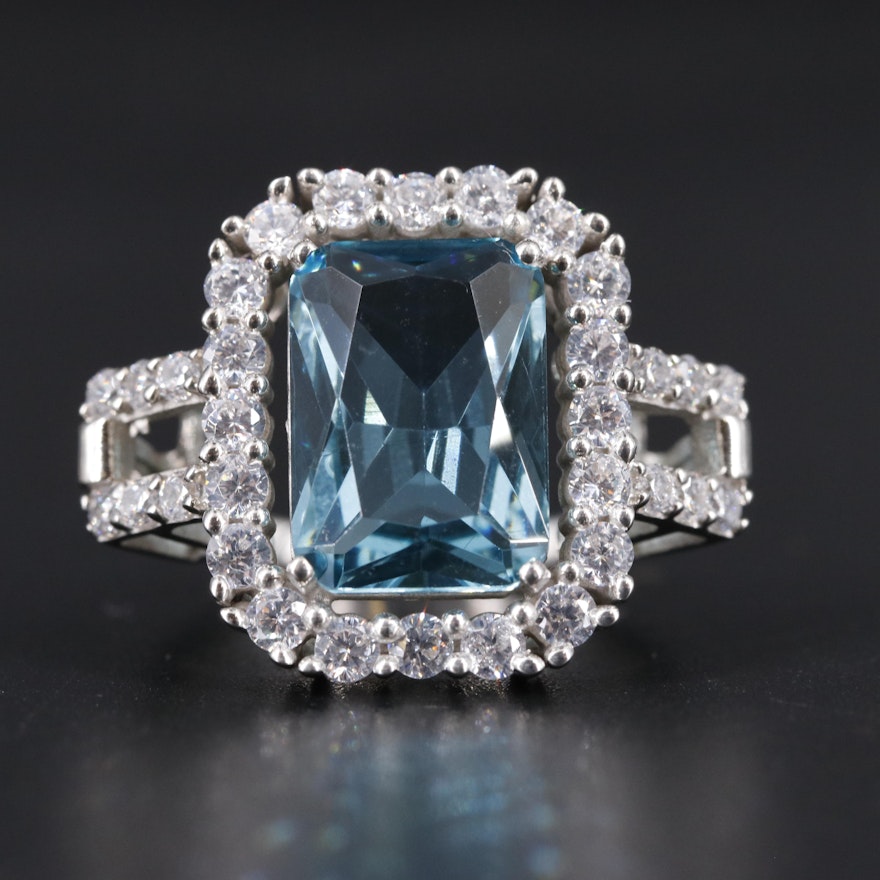 Sterling Silver Aquamarine and Cubic Zirconia Ring