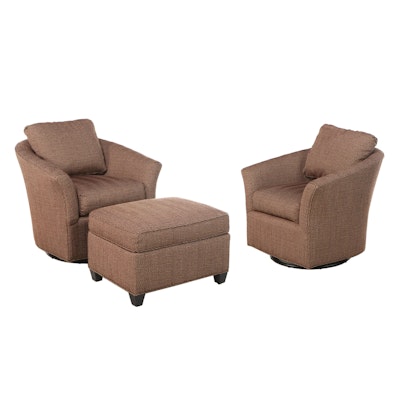 Pair of Jessica Charles Upholstered Swivel Armchairs with Ottoman