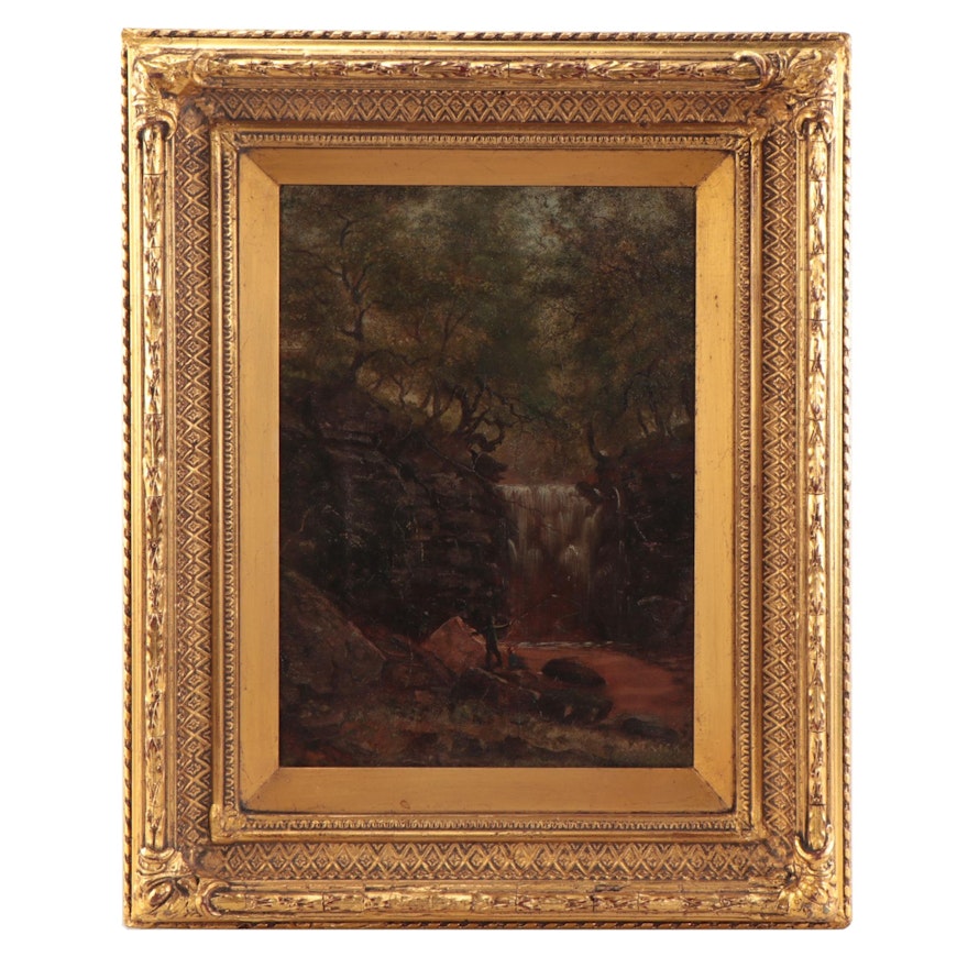 Romantic Landscape Oil Painting of Waterfall, 19th Century