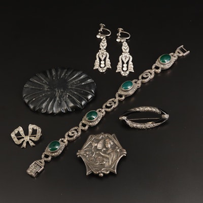 Sterling Brooches, Earrings and Bracelet Including Art Deco and Art Nouveau