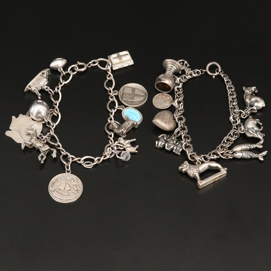 Mixed Silver Charm Bracelets Including Enamel and Mother-of-Pearl