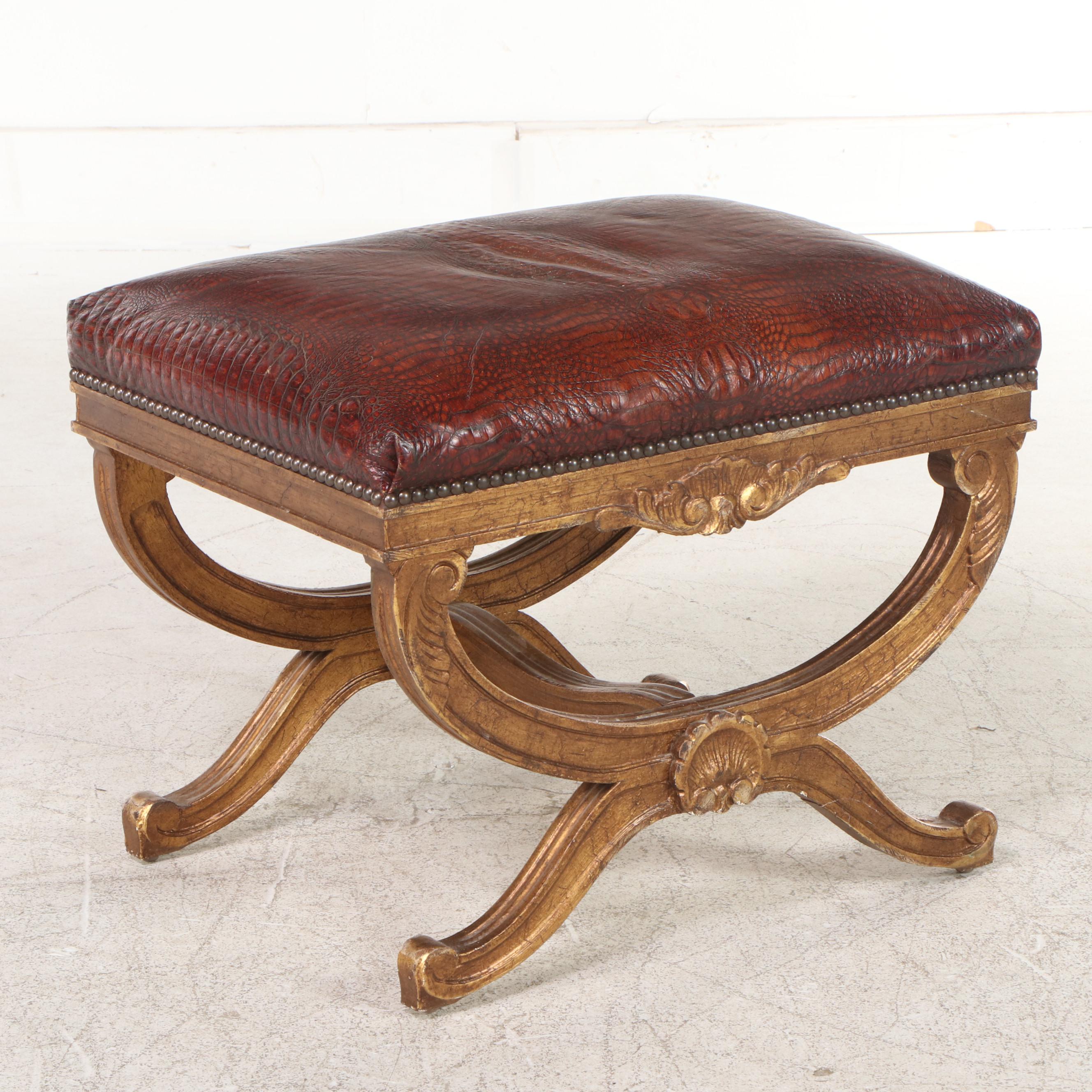 Isenhour Regency Style Giltwood Ottoman with Embossed Leather EBTH