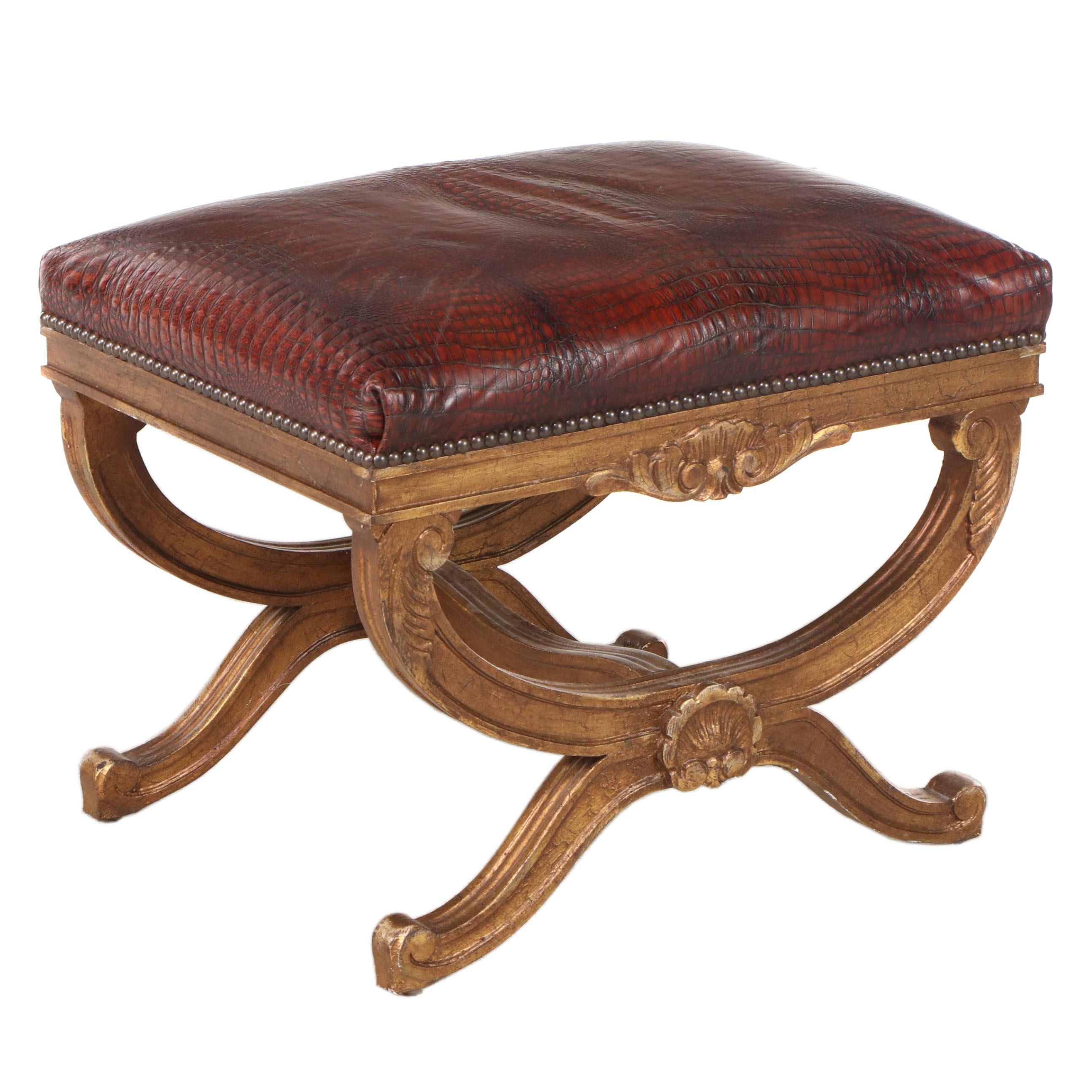 Isenhour Regency Style Giltwood Ottoman with Embossed Leather EBTH