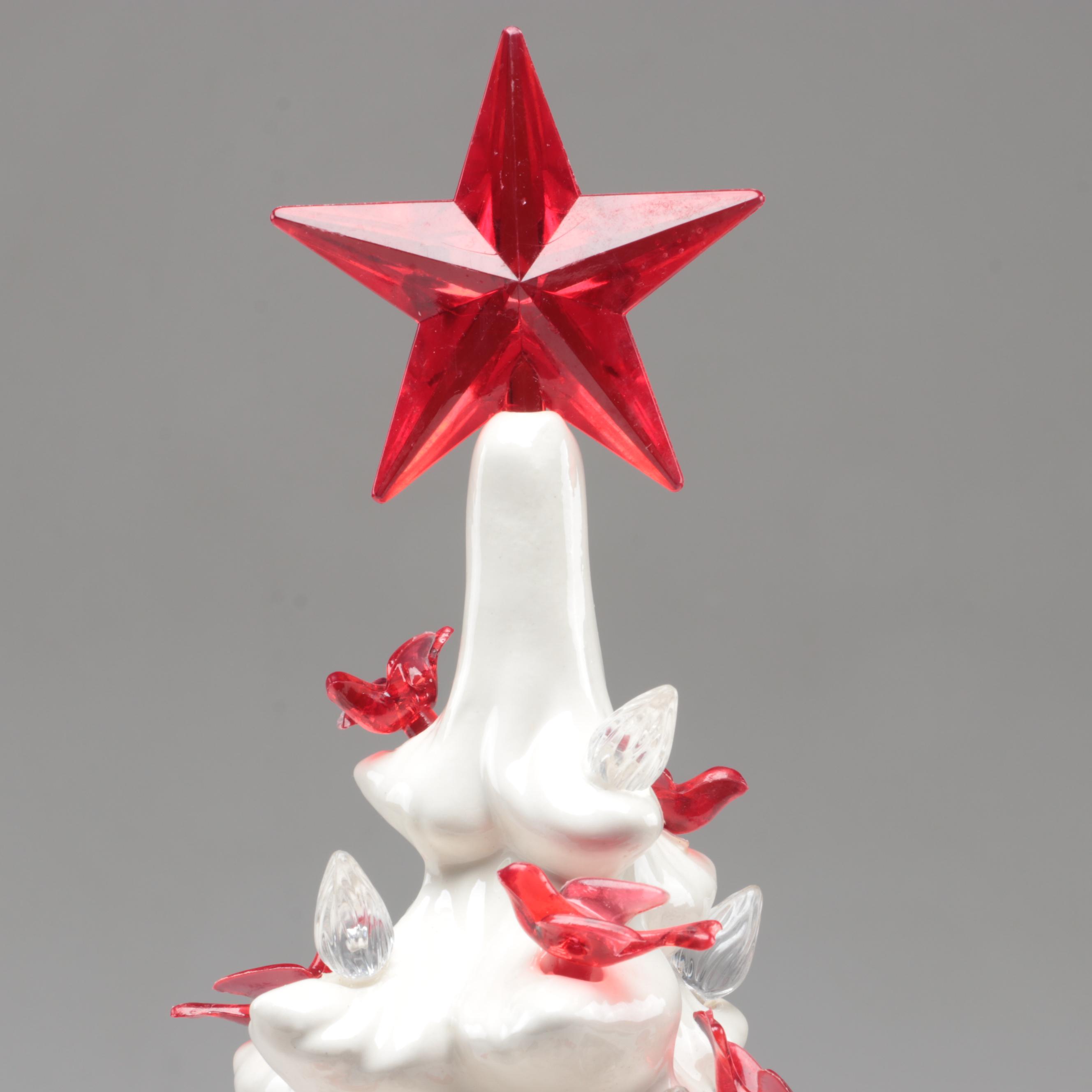 White Ceramic Christmas Tree Candle Holder with Red Star and Doves EBTH