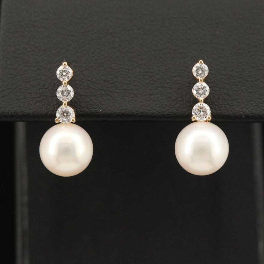 14K Pearl and Diamond Stud Drop Earrings