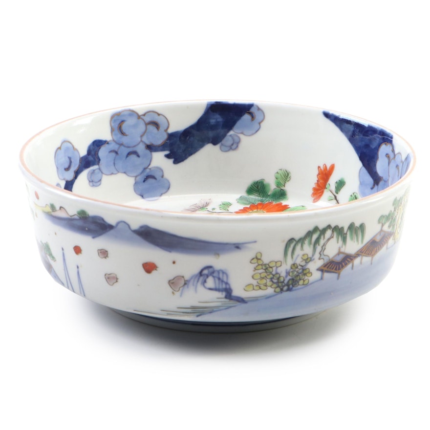 Japanese Hand-Painted Landscape and Garden Motif Porcelain Bowl