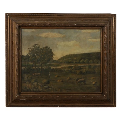 Naïve Oil Painting of Farmer and Cattle in Pasture, Late 19th-Early 20th Century