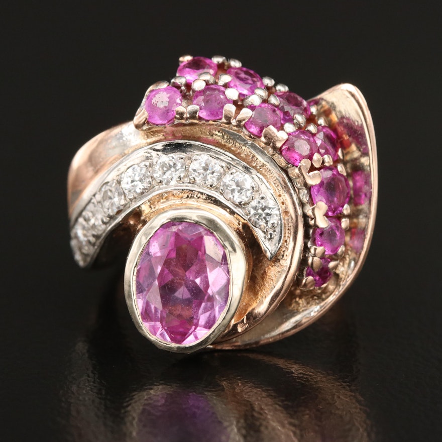Retro 14K Pink Sapphire, Ruby and Diamond Ring