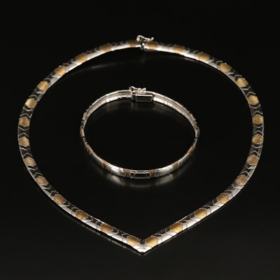 Italian Sterling Two-Tone Chevron Omega Necklace and Bracelet