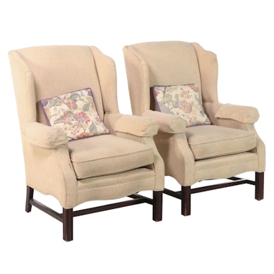 Pair of Lake Hickory Chippendale Style Custom-Upholstered Wingback Armchairs