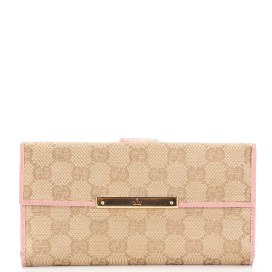Gucci GG Canvas Long Wallet with Pink Leather Trim