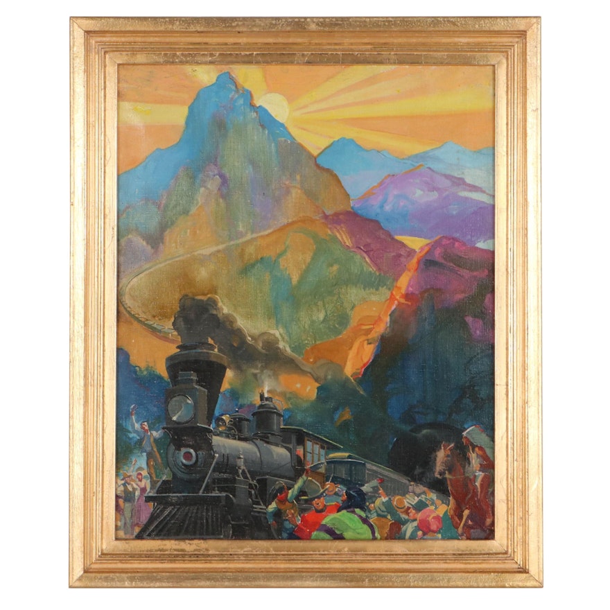 Oil Painting of Steam Train and Distant Mountains, Mid-20th Century