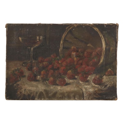 Still Life Oil Painting of Strawberries and Wine Glass, 19th Century