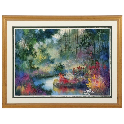 Diane Anderson Watercolor Painting of Forest Pond and Wildflowers
