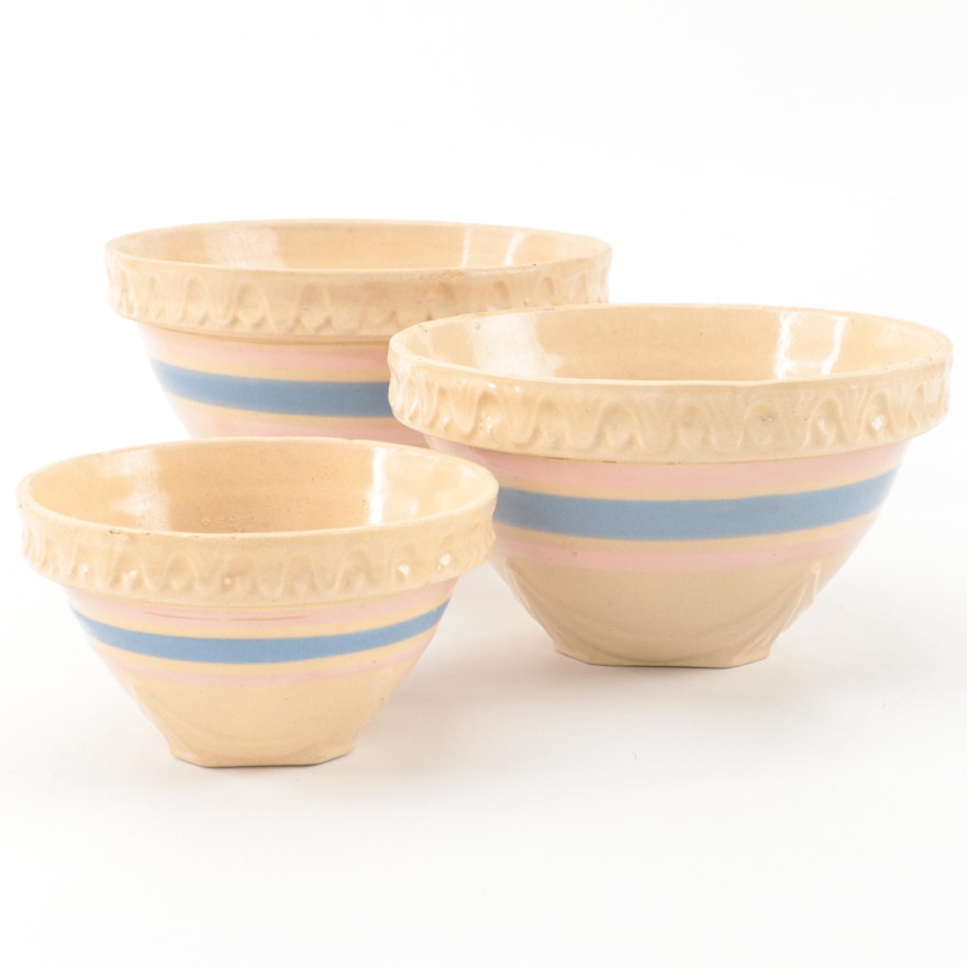 American Stoneware Pink and Blue Banded Nesting Mixing Bowls, 20th Century