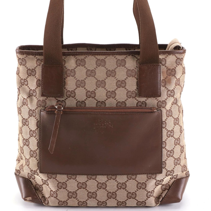 Gucci Small Zip Shoulder Bag in in GG Canvas and Brown Leather