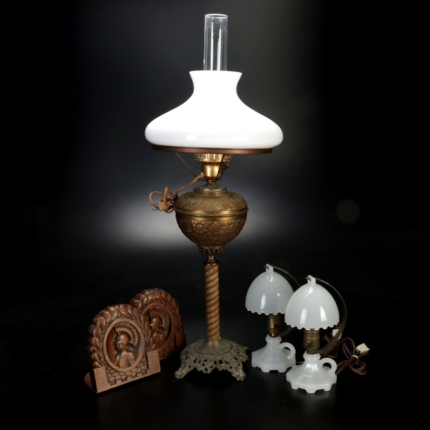 Bradley & Hubbard Converted Brass Oil Lamp and Houzex Boudoir Lamps w/ Bookends