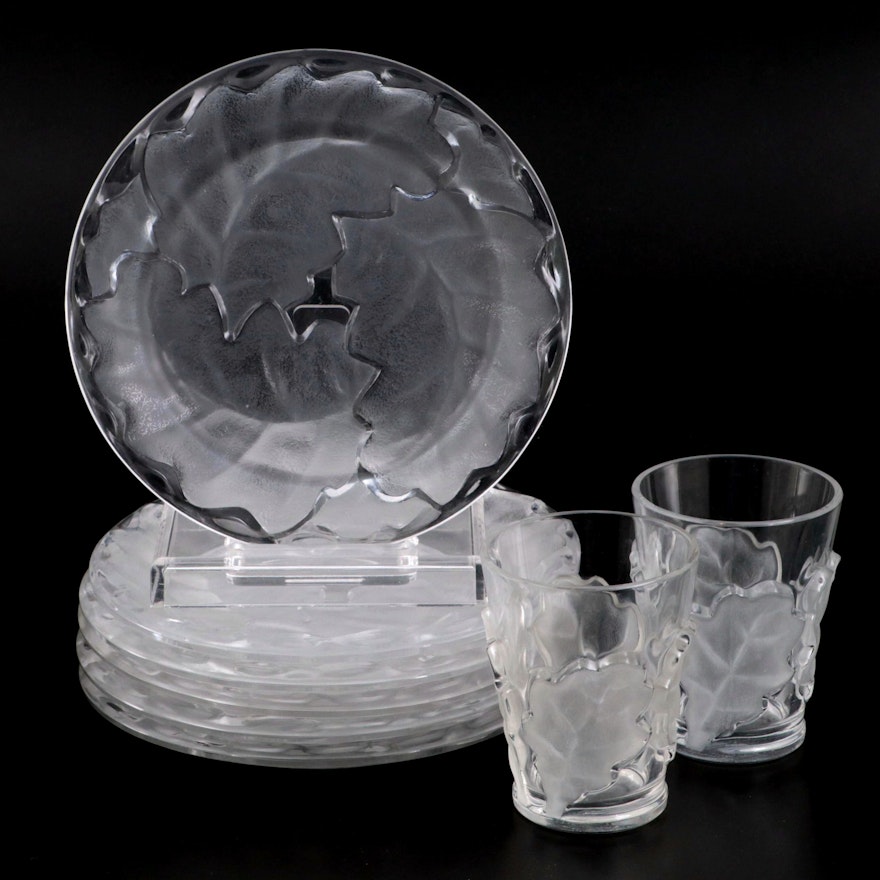 Lalique "Chene" Frosted and Clear Crystal Plates and Old Fashioned Glasses