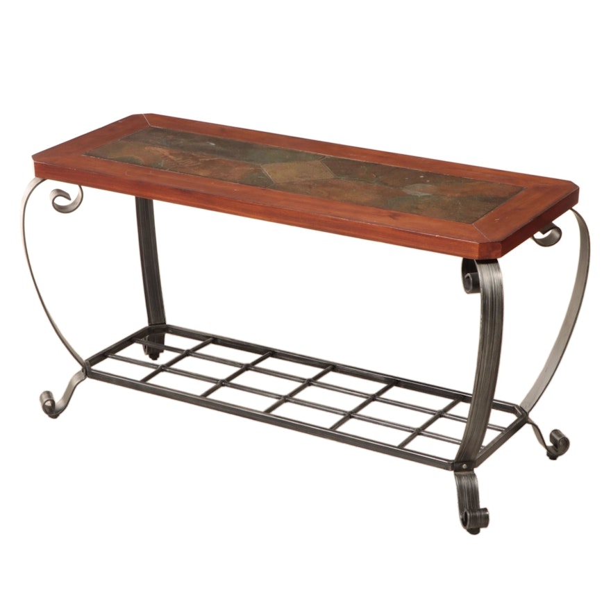 Contemporary Patinated Metal, Hardwood, and Slate Tile Console Table