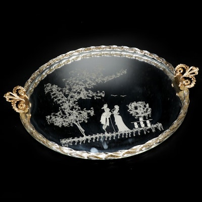 Venetian Style Etched Glass Mirrored Tray, Mid to Late 20th Century