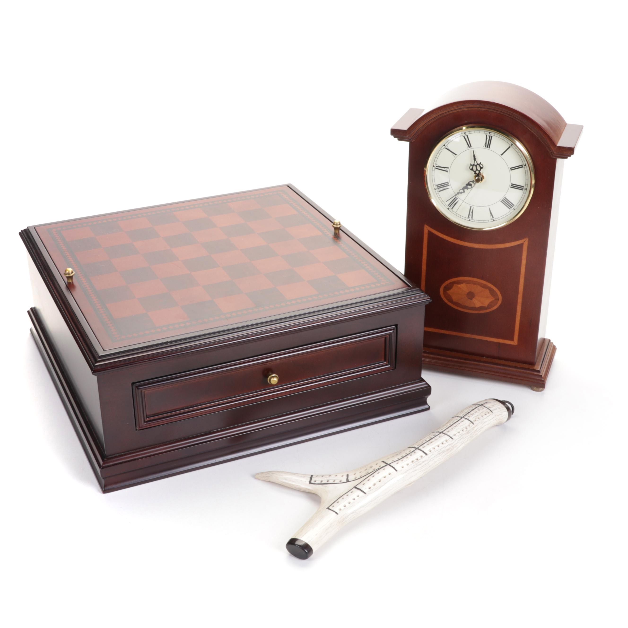Wooden Game Board Box With Marquetry Clock and Antler Cribbage Board EBTH