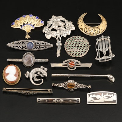 Sterling and 935 Silver Brooches Including Agate, Citrine and Marcasite