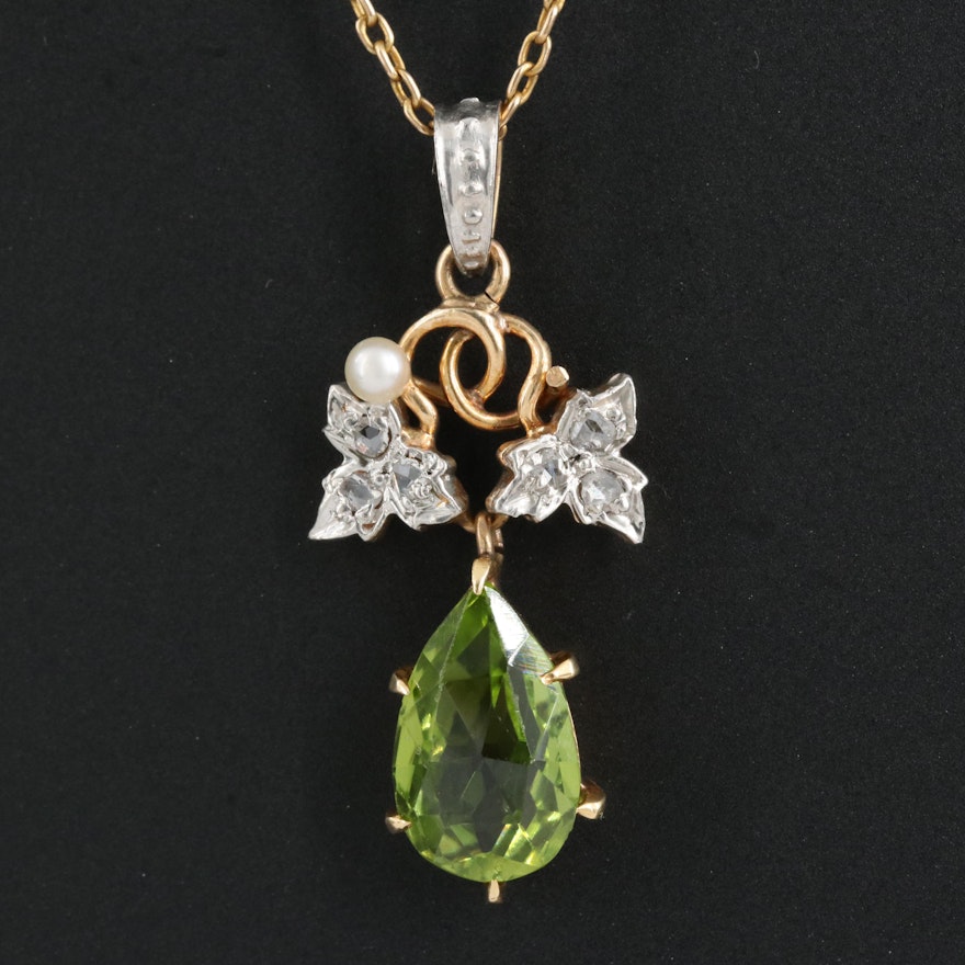 Antique 10K Peridot, Diamond and Pearl Pendant on 14K Cable Chain Necklace