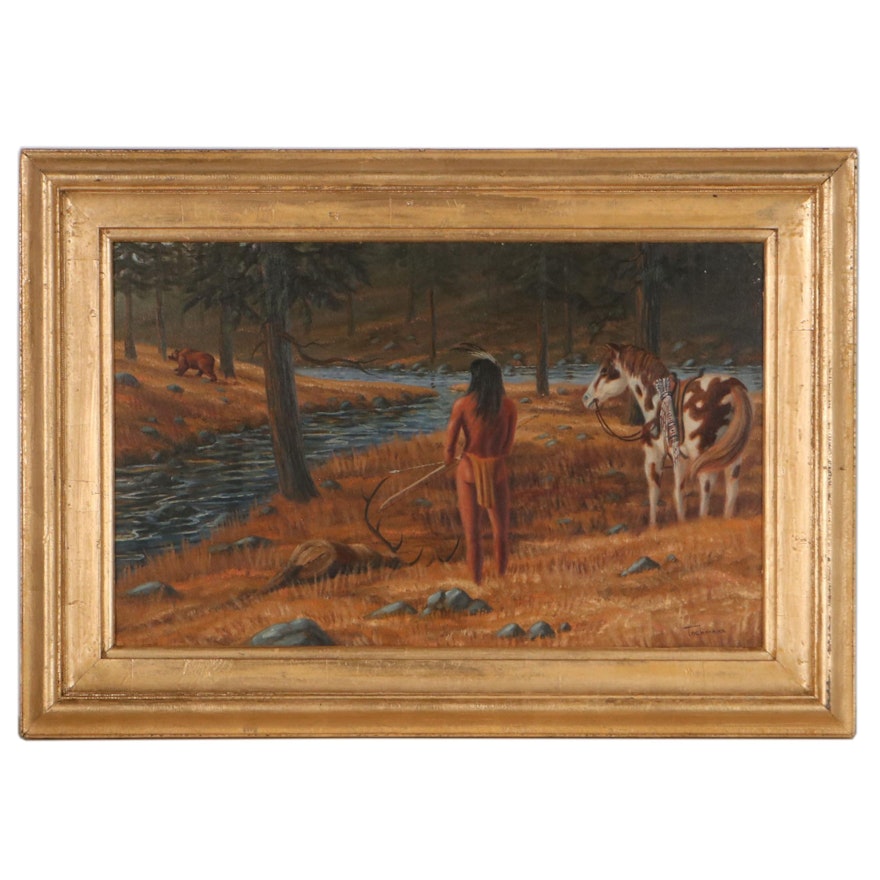 Tackmann Oil Painting of Native American Hunting Scene, Late 20th Century