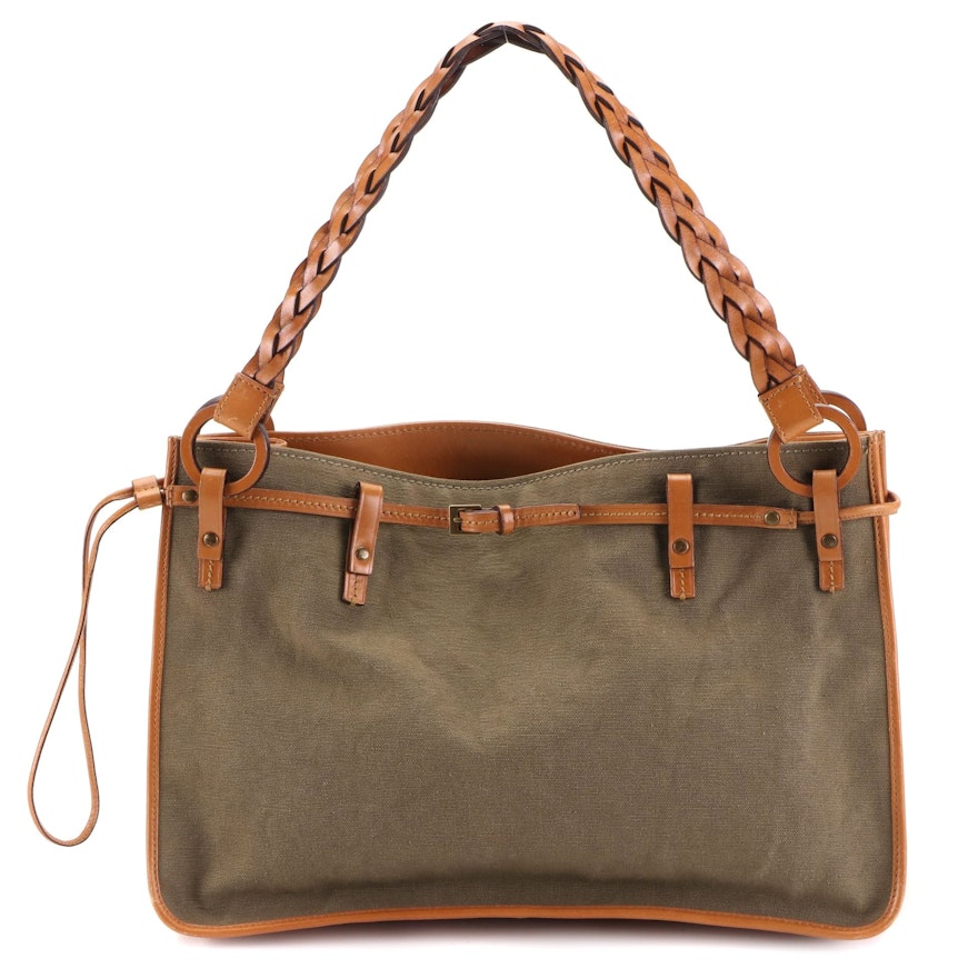 Gucci Shoulder Bag in Olive Cotton Canvas and Tan Leather with Braided Strap